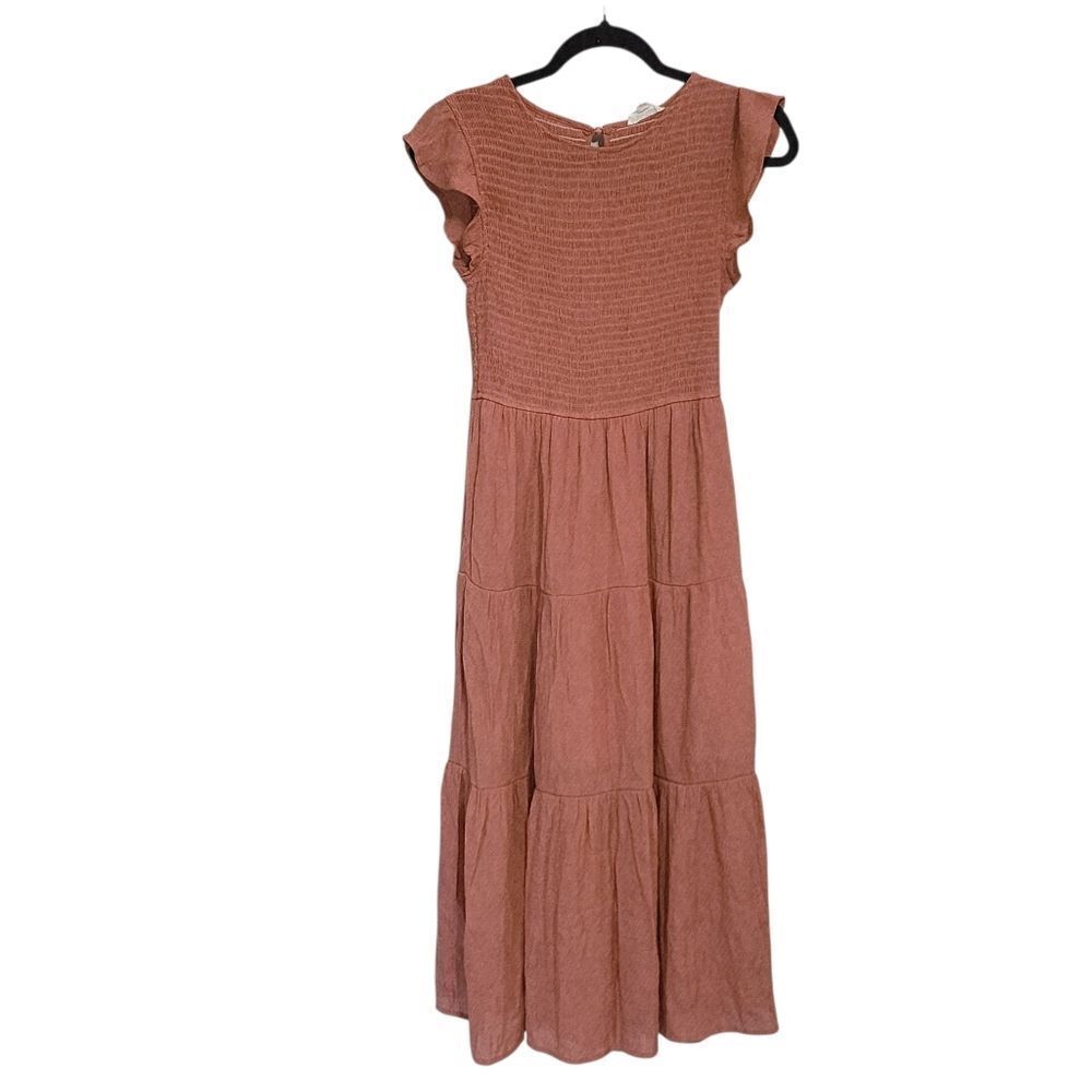 By The River Maxi Midi Dress S Smocked Bust Tiered Flutter Sleeve